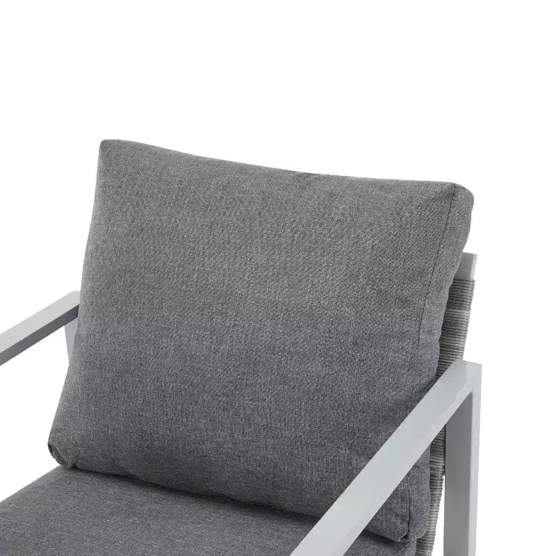 Poltrona da salotto 26W da esterno con comodi cuscini e design elegante a corda intrecciata, alluminio, grigio/argento e bianco-ModernLuxe