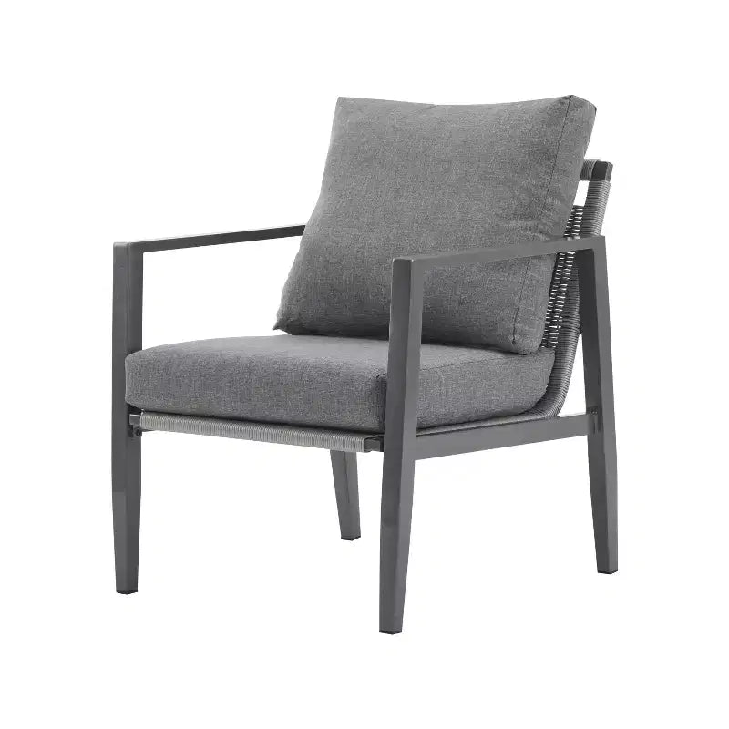 Poltrona da salotto 26W da esterno con comodi cuscini e design elegante a corda intrecciata, alluminio, grigio/argento e bianco-ModernLuxe