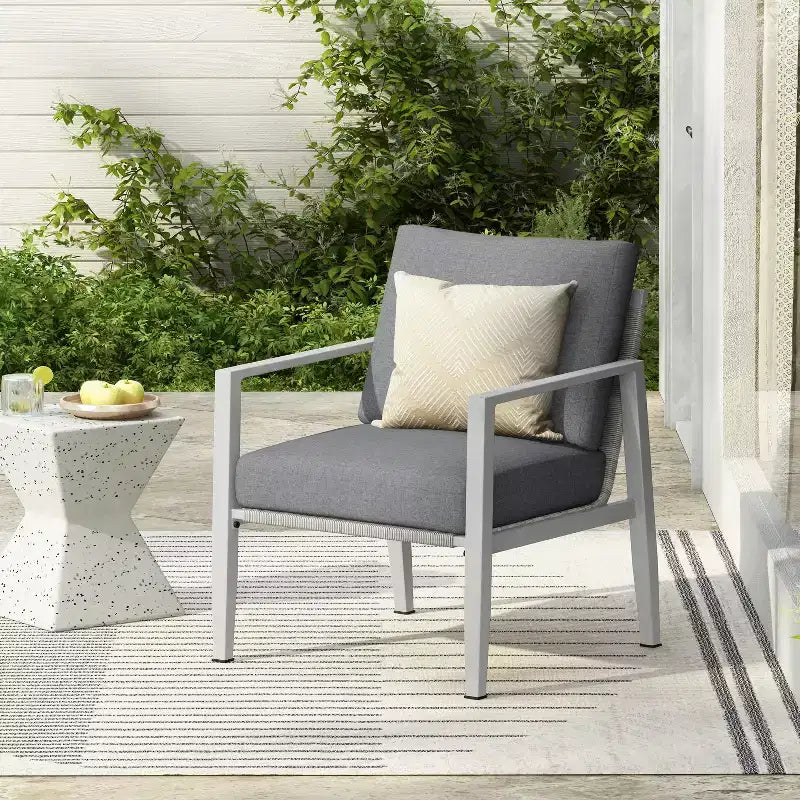 26W Patio Accent Chair Lounge Chair Arm Chair with Comfortable Cushions and Stylish Rope-Weave Design, Aluminum, Gray/Silver&White-ModernLuxe