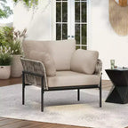 36W Patio Accent Chair Lounge Chair Arm Chair with Cushions, Pillows and Stylish Rope-Weave Design, Iron, Beige+Grey/Natural-ModernLuxe
