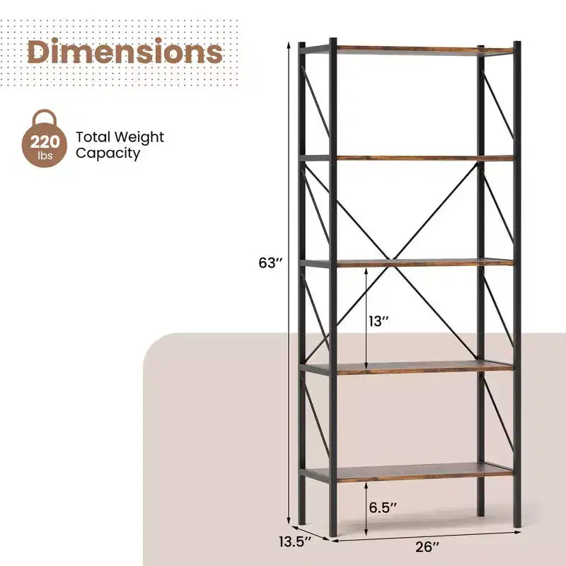 Costway Scaffale a 5 Ripiani da 1/2 Pezzi, Libreria Alta Industriale con Scaffali a Giorno e Struttura in Metallo Marrone