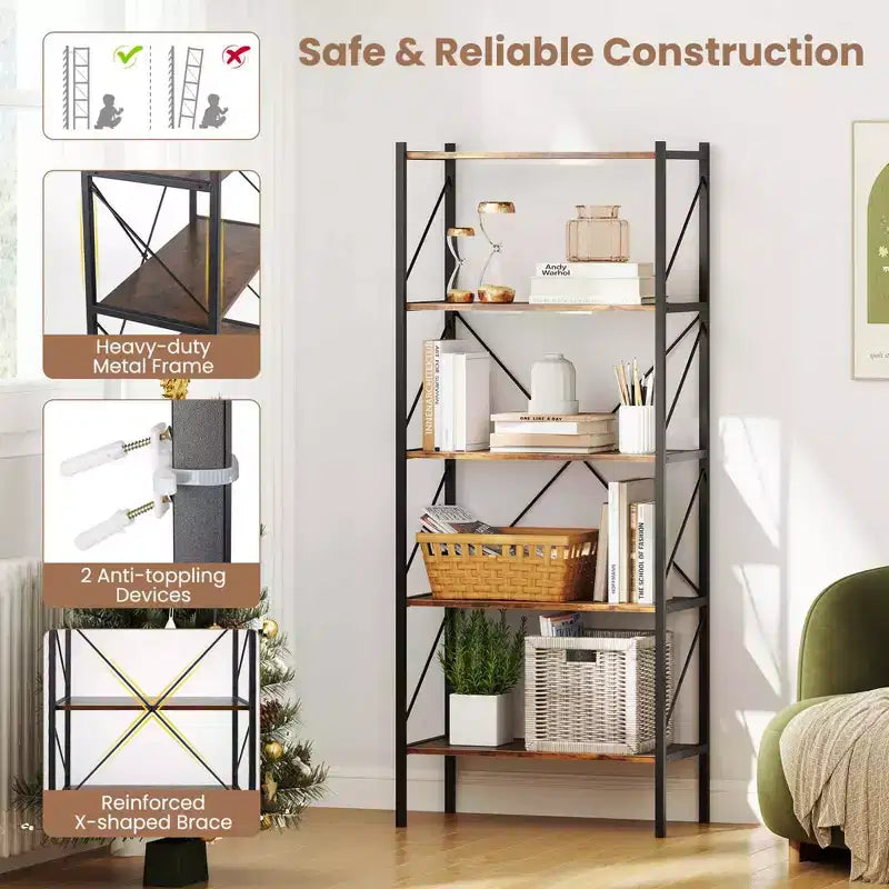 Costway Scaffale a 5 Ripiani da 1/2 Pezzi, Libreria Alta Industriale con Scaffali a Giorno e Struttura in Metallo Marrone