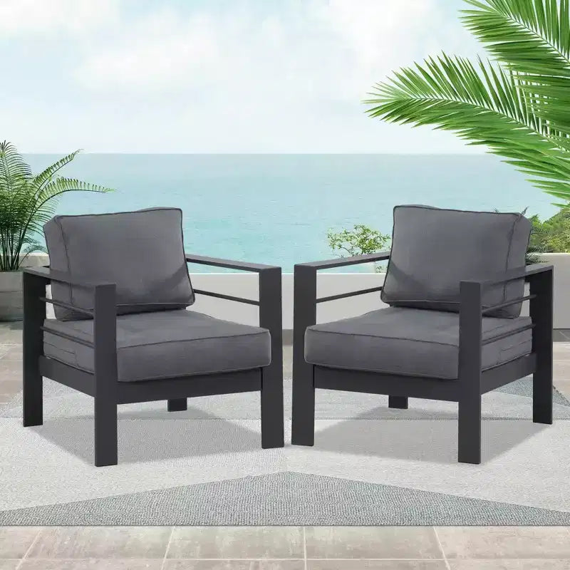 Heynemo Patio Furniture Metal Armchair,2 PCS All-Weather Aluminum Garden Outdoor Contemporary Sofa Chair (White) with Cushions (Light Grey)