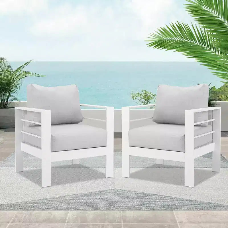 Heynemo Patio Furniture Metal Armchair,2 PCS All-Weather Aluminum Garden Outdoor Contemporary Sofa Chair (White) with Cushions (Light Grey)