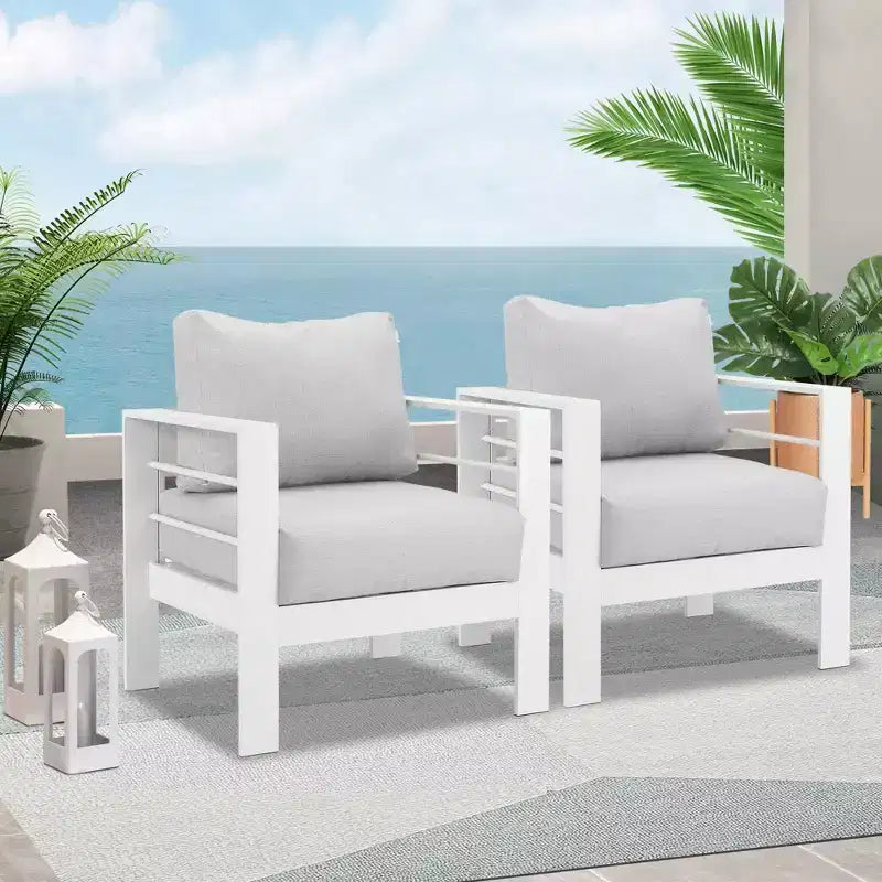 Heynemo Patio Furniture Metal Armchair,2 PCS All-Weather Aluminum Garden Outdoor Contemporary Sofa Chair (White) with Cushions (Light Grey)