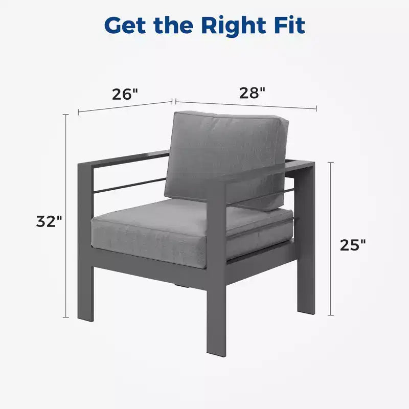 Heynemo Patio Furniture Metal Armchair,2 PCS All-Weather Aluminum Garden Outdoor Contemporary Sofa Chair (White) with Cushions (Light Grey)