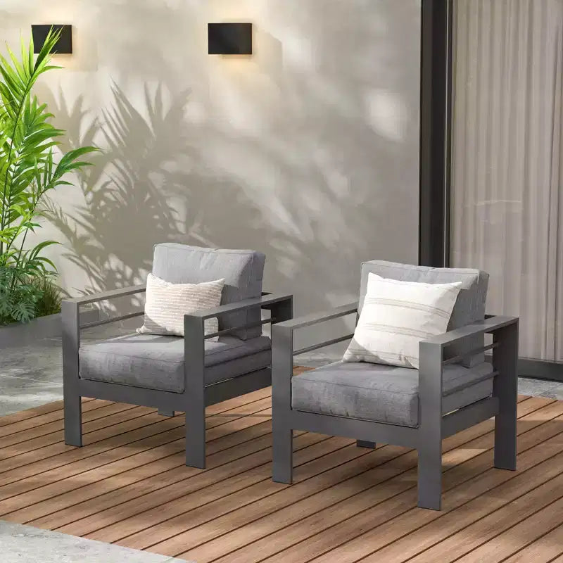 Heynemo Poltrona da Patio in Metallo, 2 Pezzi, Sedia da Giardino Esterno Contemporanea in Alluminio per Tutte le Stagioni (Bianca) con Cuscini (Grigio Chiaro)