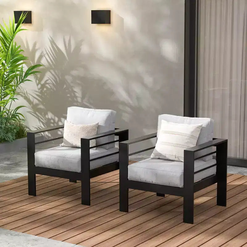 Heynemo Poltrona da Patio in Metallo, 2 Pezzi, Sedia da Giardino Esterno Contemporanea in Alluminio per Tutte le Stagioni (Bianca) con Cuscini (Grigio Chiaro)