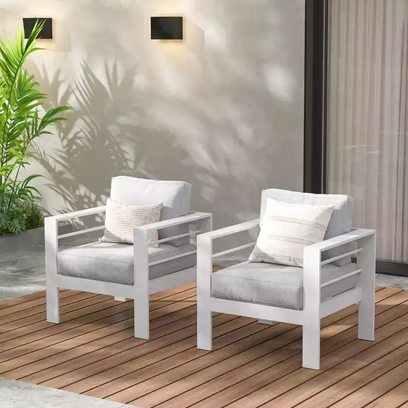 Heynemo Poltrona da Patio in Metallo, 2 Pezzi, Sedia da Giardino Esterno Contemporanea in Alluminio per Tutte le Stagioni (Bianca) con Cuscini (Grigio Chiaro)