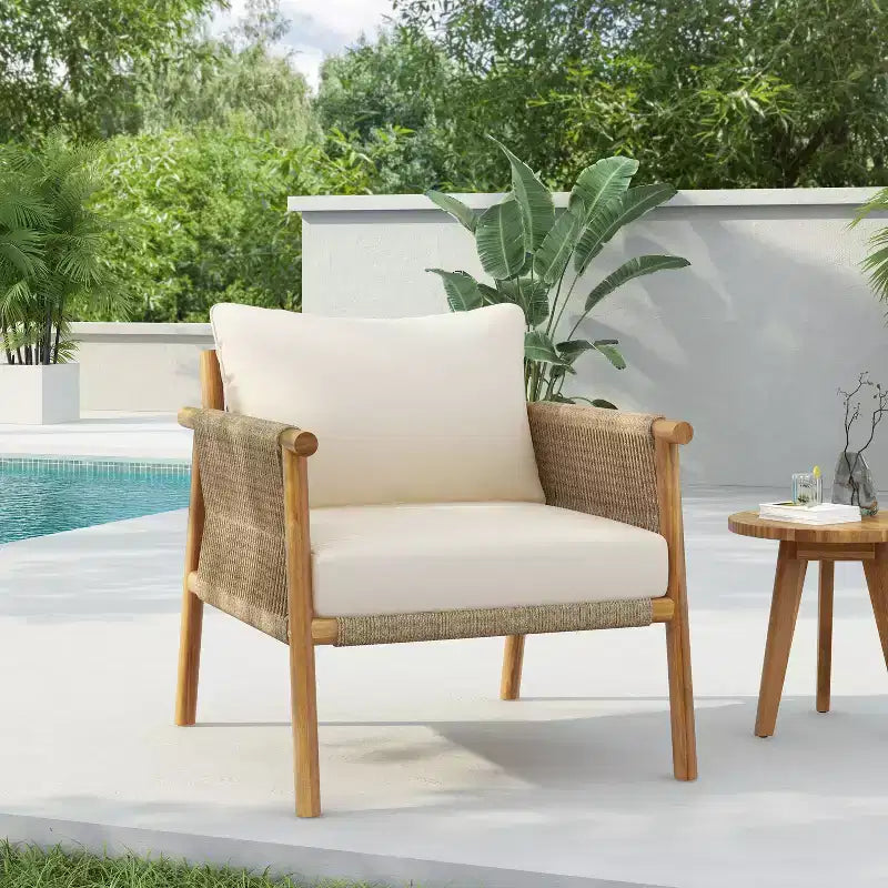 Christopher Knight Home Patsy Outdoor Rope Weave Acacia Wood Club Chair with Cushions, Teak