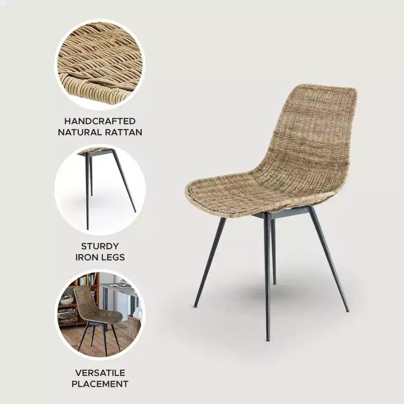 texxture Ormond Woven Rattan Side Chair, Indoor Outdoor Dining or Kitchen Accent Furniture for Table or Porch with Metal Legs, Natural