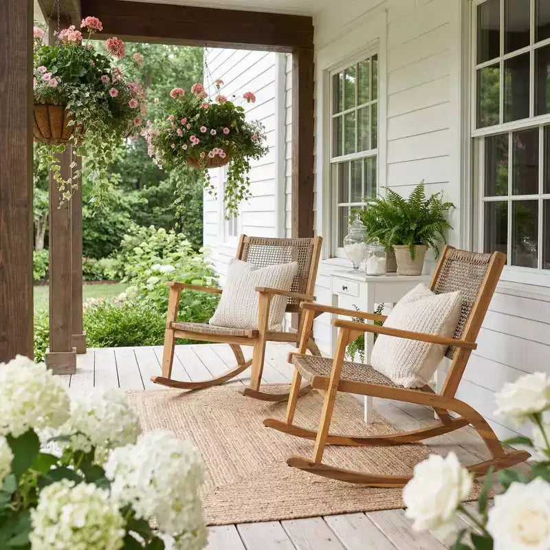 Whisen Set di 2 Sedie a Dondolo da Patio, Dondoli da Esterno in Legno di Acacia con Seduta e Schienale in Rattan Intrecciato