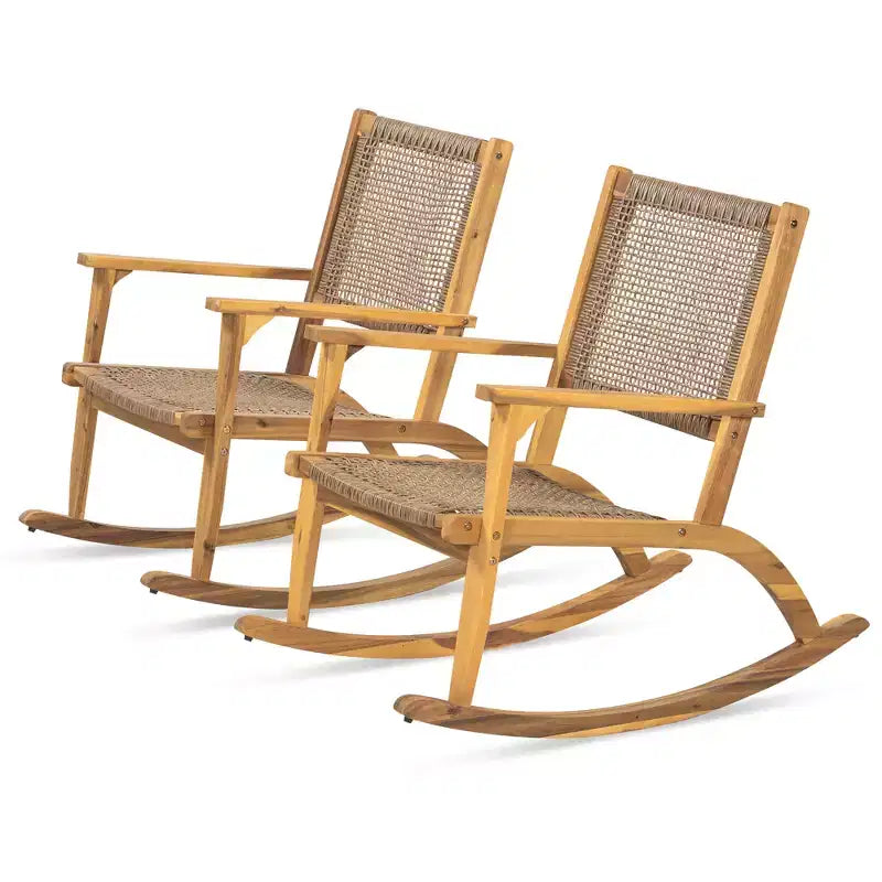 Whisen Set di 2 Sedie a Dondolo da Patio, Dondoli da Esterno in Legno di Acacia con Seduta e Schienale in Rattan Intrecciato