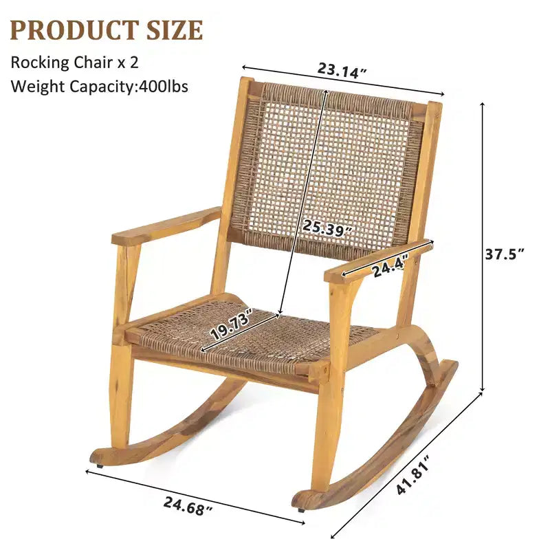 Whisen Set di 2 Sedie a Dondolo da Patio, Dondoli da Esterno in Legno di Acacia con Seduta e Schienale in Rattan Intrecciato