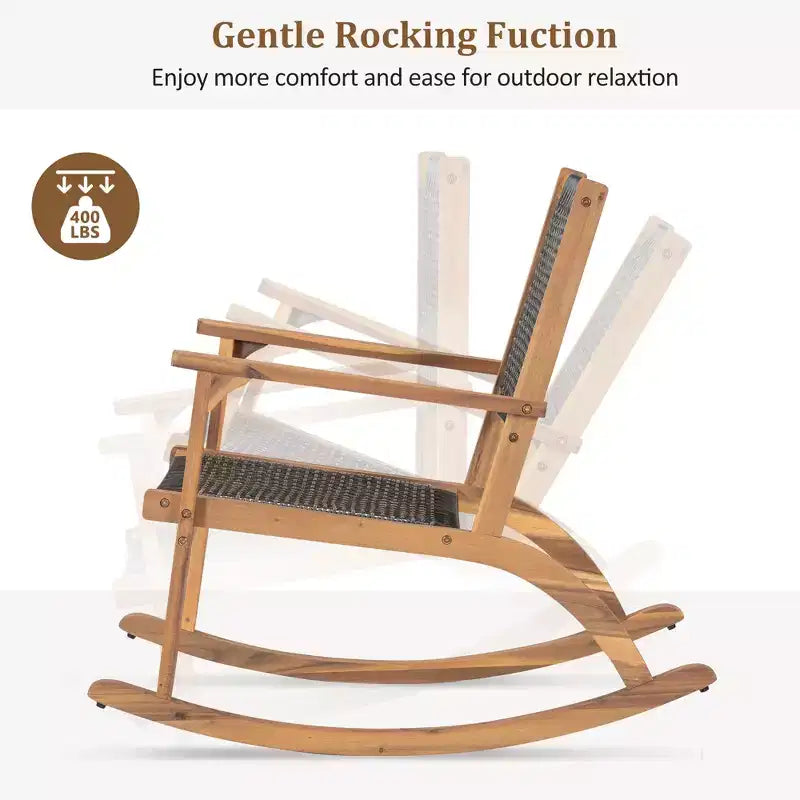 Whisen Set di 2 Sedie a Dondolo da Patio, Dondoli da Esterno in Legno di Acacia con Seduta e Schienale in Rattan Intrecciato