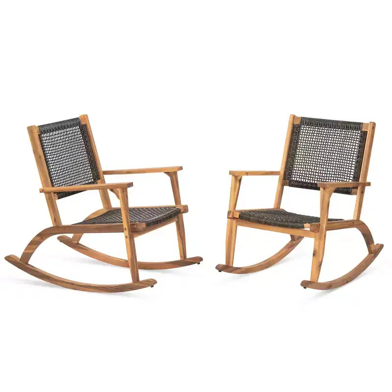 Whisen Set di 2 Sedie a Dondolo da Patio, Dondoli da Esterno in Legno di Acacia con Seduta e Schienale in Rattan Intrecciato