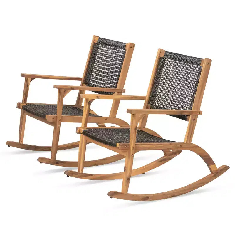 Whisen Set di 2 Sedie a Dondolo da Patio, Dondoli da Esterno in Legno di Acacia con Seduta e Schienale in Rattan Intrecciato