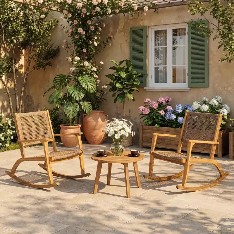 Whisen Set di 2 Sedie a Dondolo da Patio, Dondoli da Esterno in Legno di Acacia con Seduta e Schienale in Rattan Intrecciato