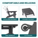 Set da conversazione per esterno a 5 pezzi con 2 pouf pieghevoli, tavolino d'appoggio a due livelli e 2 sedie Adirondack da giardino in plastica regolabili