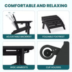 Set da conversazione per esterno a 5 pezzi con 2 pouf pieghevoli, tavolino d'appoggio a due livelli e 2 sedie Adirondack da giardino in plastica regolabili