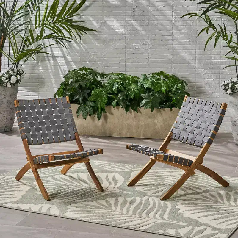 Christopher Knight Home Octavia Outdoor Acacia Wood and Strapping Belt Folding Chairs (Set of 2), Brown and Gray