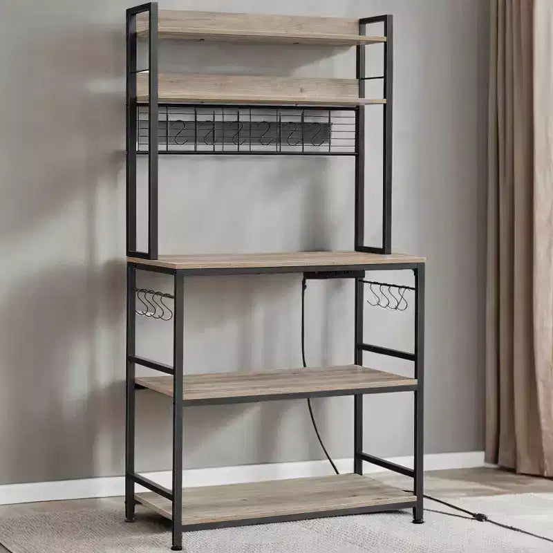 Porta Forno a Microonde con Presa di Corrente, 14 Ganci, Mobiletto Bar per Caffè Regolabile, Scaffale da Cucina, 40 x 80 x 170 cm