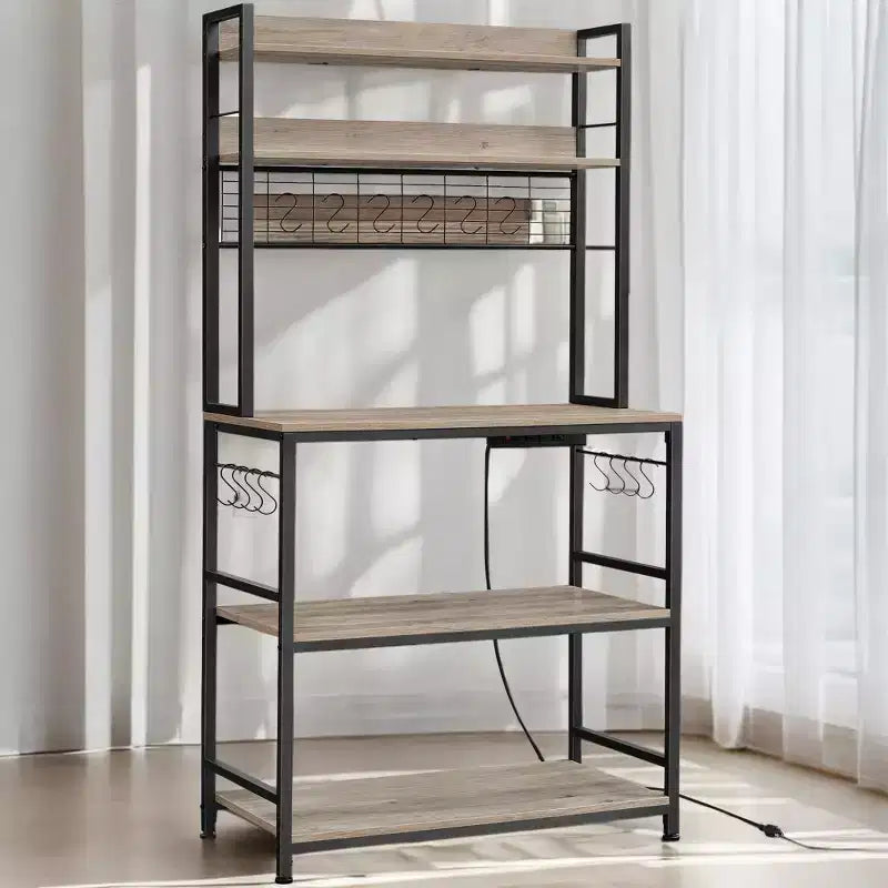 Porta Forno a Microonde con Presa di Corrente, 14 Ganci, Mobiletto Bar per Caffè Regolabile, Scaffale da Cucina, 40 x 80 x 170 cm