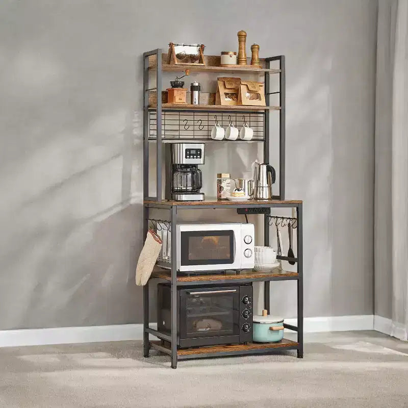 Porta Forno a Microonde con Presa di Corrente, 14 Ganci, Mobiletto Bar per Caffè Regolabile, Scaffale da Cucina, 40 x 80 x 170 cm