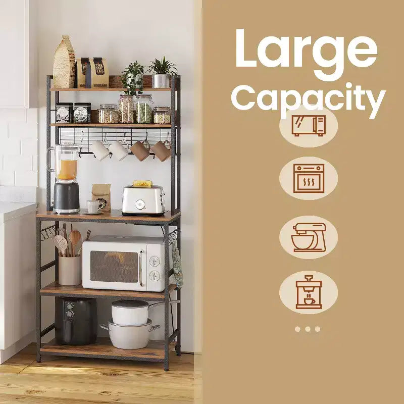 Porta Forno a Microonde con Presa di Corrente, 14 Ganci, Mobiletto Bar per Caffè Regolabile, Scaffale da Cucina, 40 x 80 x 170 cm