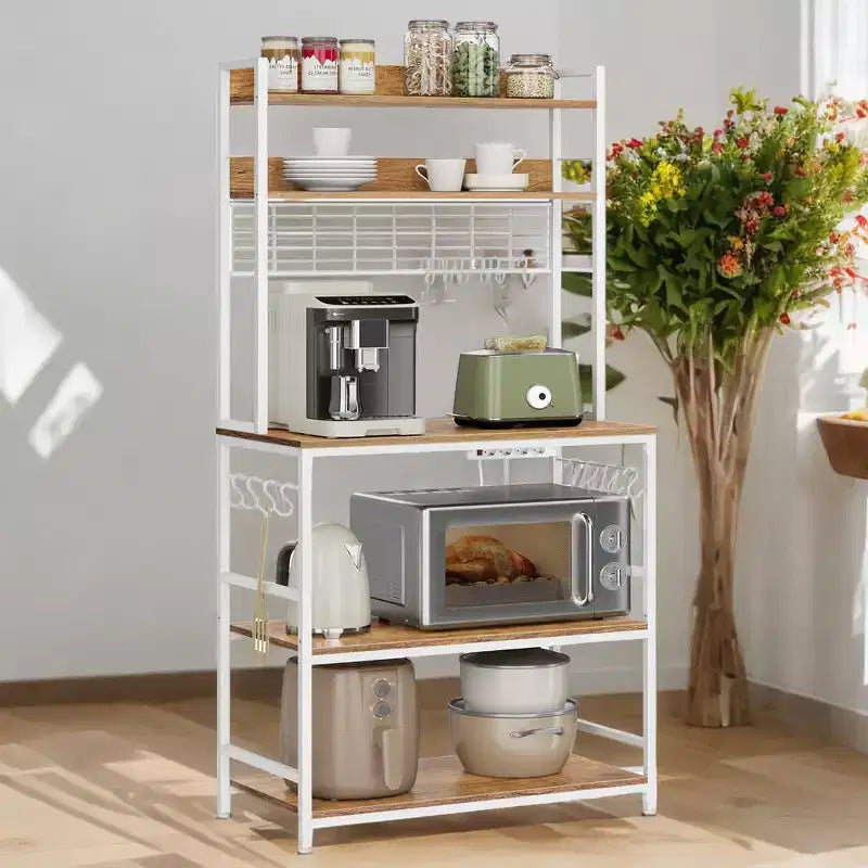 Porta Forno a Microonde con Presa di Corrente, 14 Ganci, Mobiletto Bar per Caffè Regolabile, Scaffale da Cucina, 40 x 80 x 170 cm