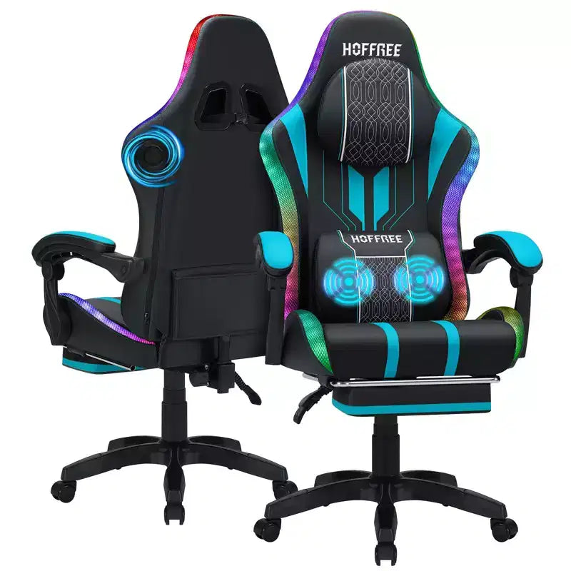 Sedia da gioco massaggiante Hoffree Extra Large, sedia da ufficio ergonomica per PC con altoparlante Bluetooth e luce RGB