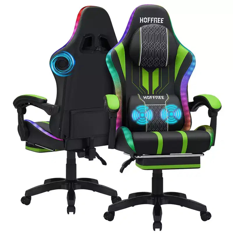 Sedia da gioco massaggiante Hoffree Extra Large, sedia da ufficio ergonomica per PC con altoparlante Bluetooth e luce RGB