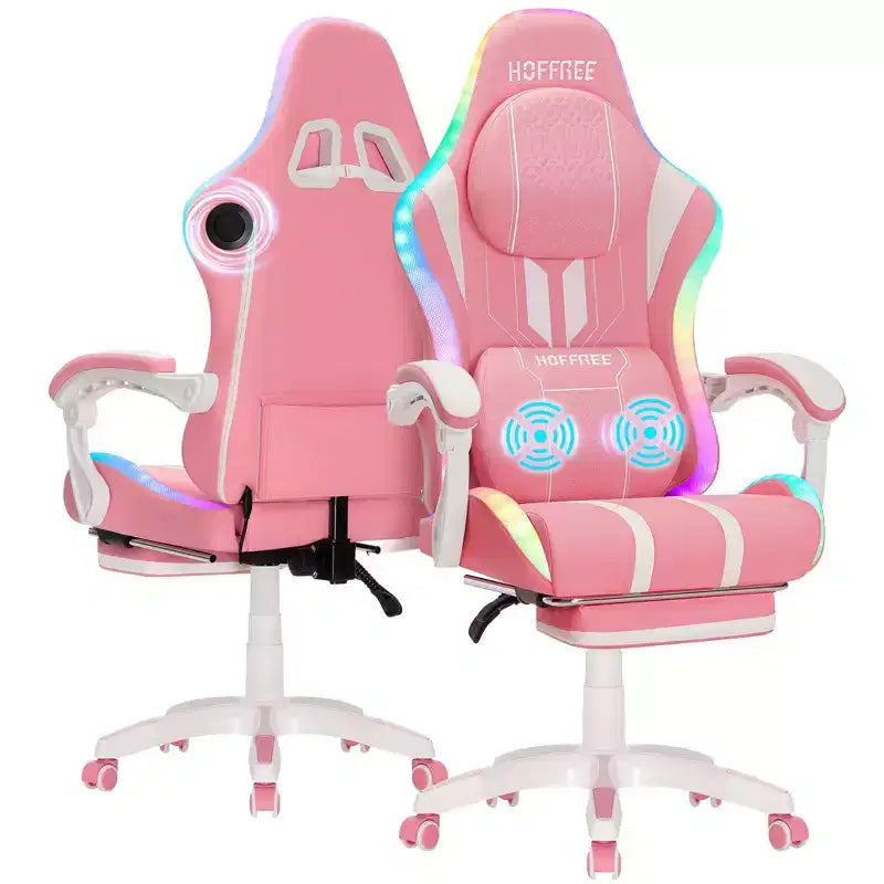 Sedia da gioco massaggiante Hoffree Extra Large, sedia da ufficio ergonomica per PC con altoparlante Bluetooth e luce RGB