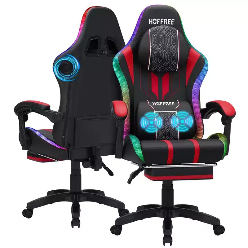 Sedia da gioco massaggiante Hoffree Extra Large, sedia da ufficio ergonomica per PC con altoparlante Bluetooth e luce RGB