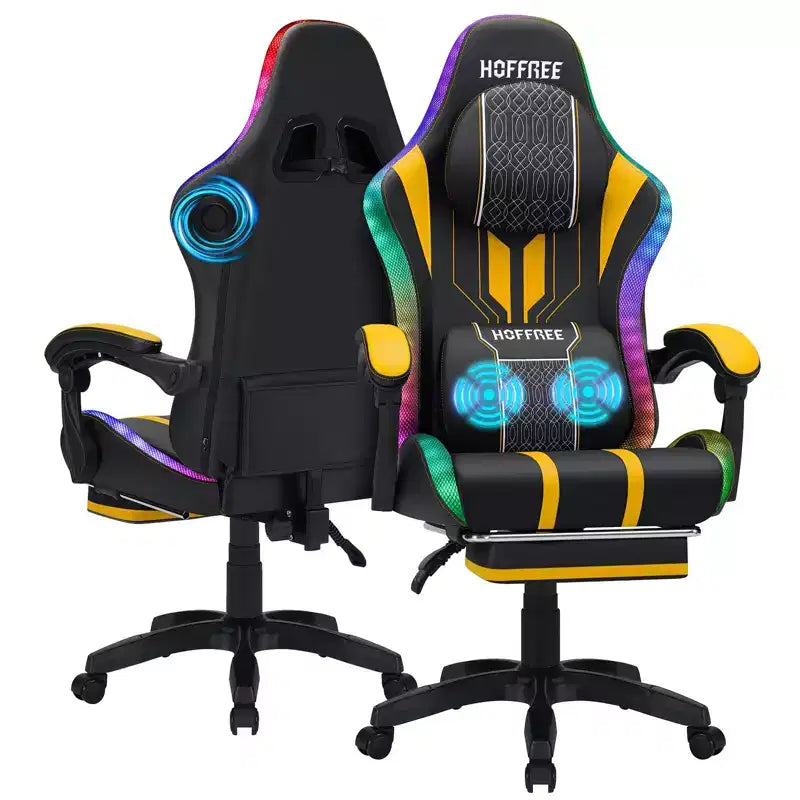 Sedia da gioco massaggiante Hoffree Extra Large, sedia da ufficio ergonomica per PC con altoparlante Bluetooth e luce RGB