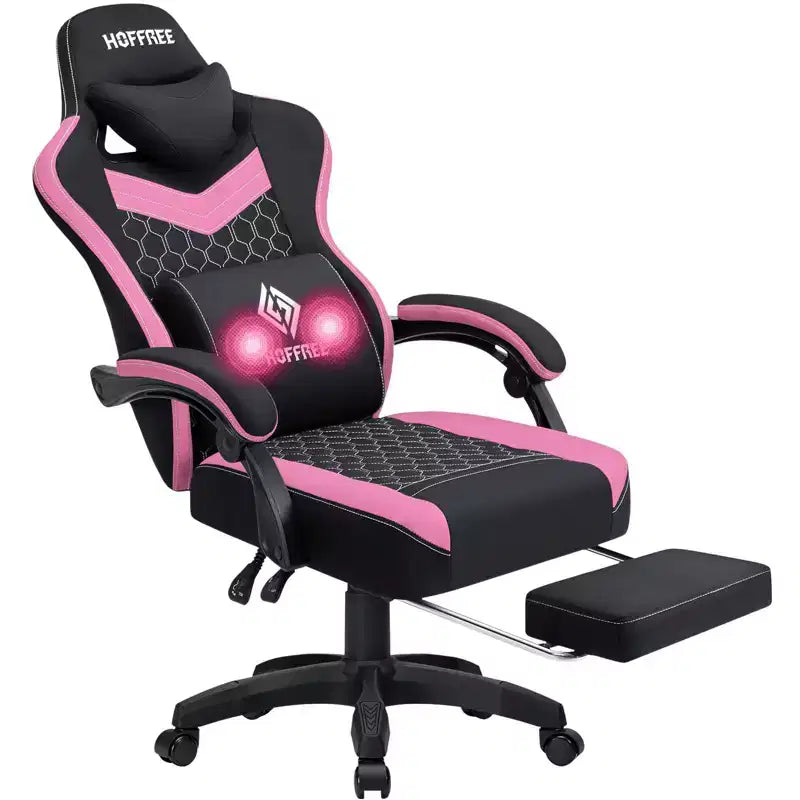 Hoffree Sedia da gaming massaggiante traspirante con poggiapiedi e regolabile, sedia da ufficio ergonomica per PC