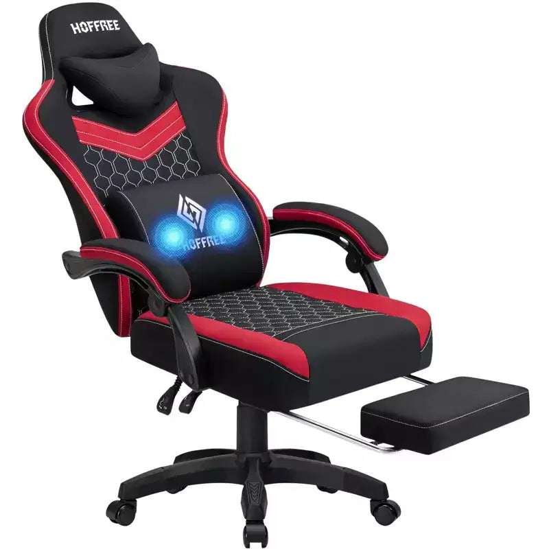 Hoffree Sedia da gaming massaggiante traspirante con poggiapiedi e regolabile, sedia da ufficio ergonomica per PC