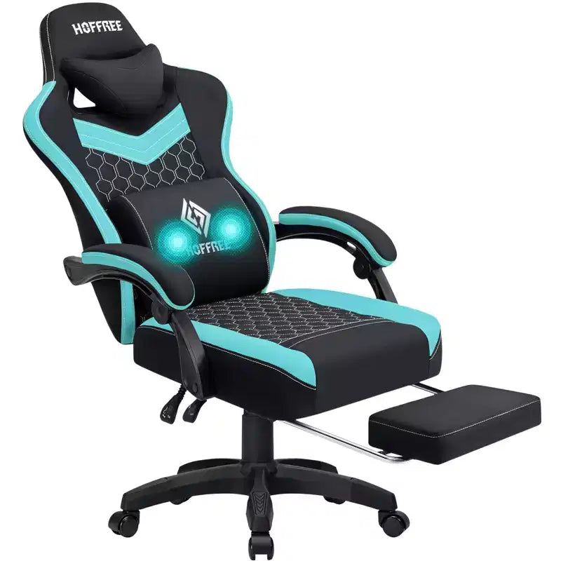 Hoffree Sedia da gaming massaggiante traspirante con poggiapiedi e regolabile, sedia da ufficio ergonomica per PC