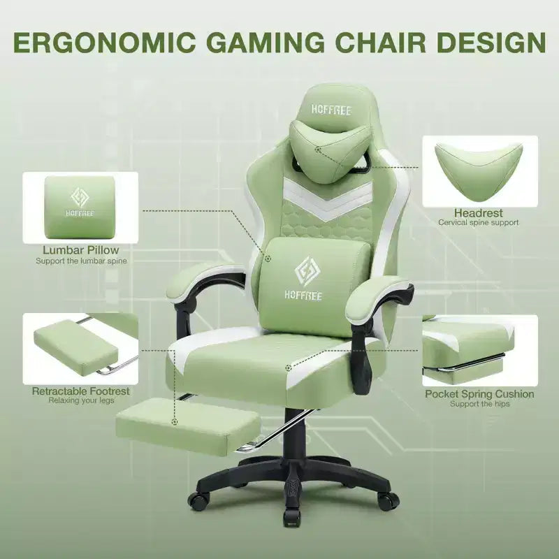 Hoffree Breathable Fabric Massage Gaming Chair Ergonomic Office PC Chair with Bluetooth Speaker & Footrest