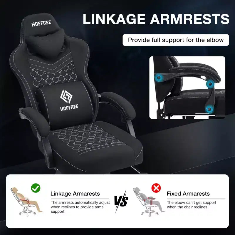 Hoffree Breathable Fabric Massage Gaming Chair Ergonomic Office PC Chair with Bluetooth Speaker & Footrest
