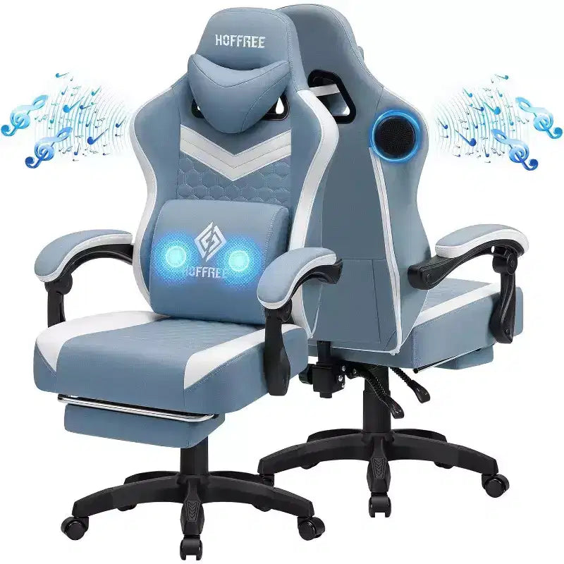 Sedia da gaming Hoffree traspirante con massaggio Sedia da ufficio ergonomica per PC con altoparlante Bluetooth e poggiapiedi