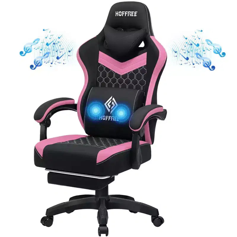 Sedia da gaming Hoffree traspirante con massaggio Sedia da ufficio ergonomica per PC con altoparlante Bluetooth e poggiapiedi