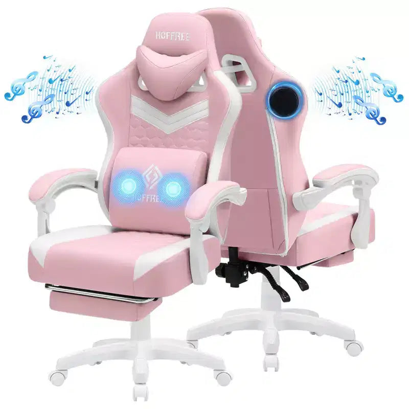 Sedia da gaming Hoffree traspirante con massaggio Sedia da ufficio ergonomica per PC con altoparlante Bluetooth e poggiapiedi