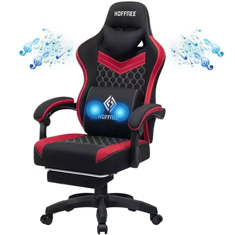 Sedia da gaming Hoffree traspirante con massaggio Sedia da ufficio ergonomica per PC con altoparlante Bluetooth e poggiapiedi