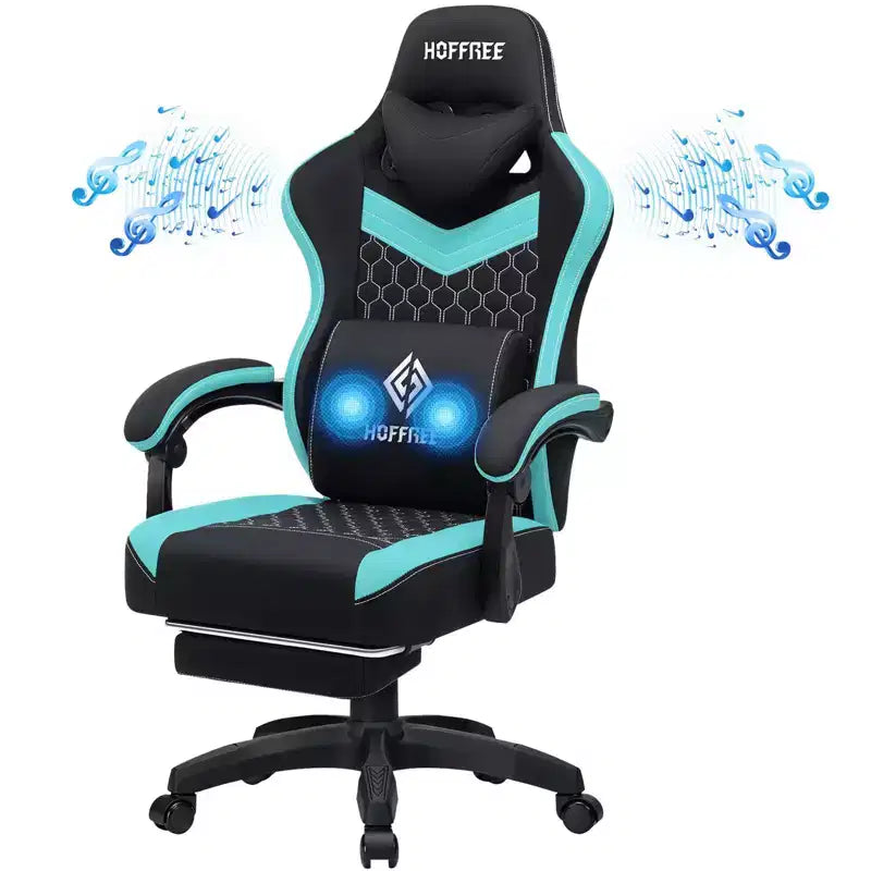 Sedia da gaming Hoffree traspirante con massaggio Sedia da ufficio ergonomica per PC con altoparlante Bluetooth e poggiapiedi