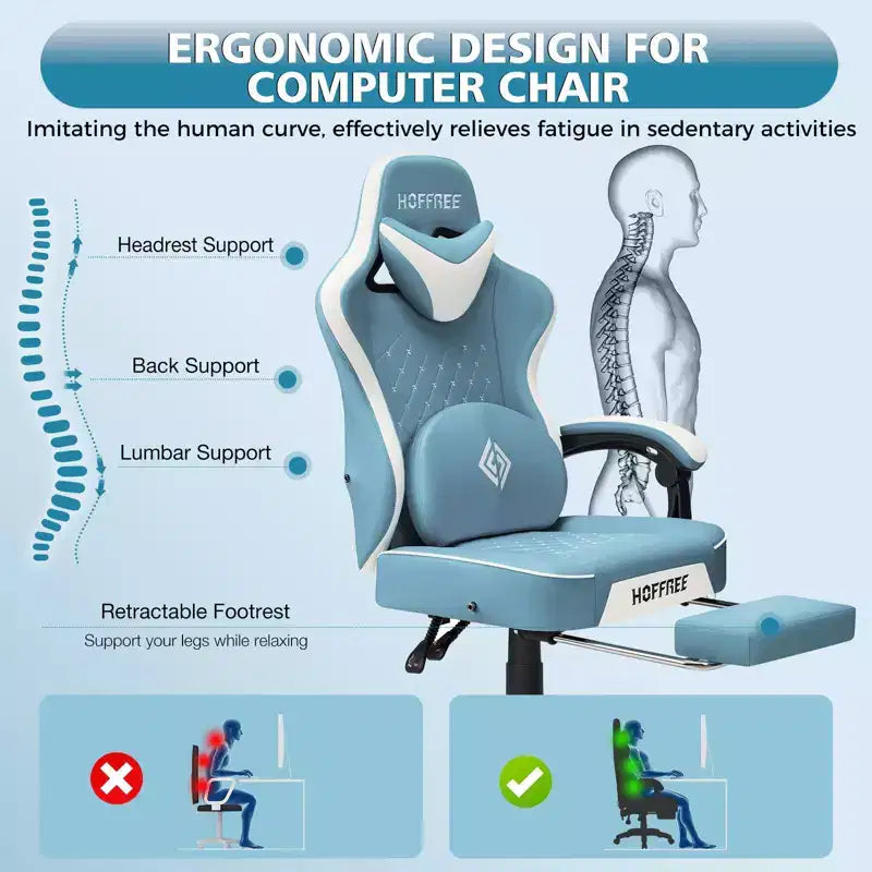 Hoffree Leather Massage Gaming Chair Ergonomic Office PC Chair with Bluetooth Speaker & Footrest