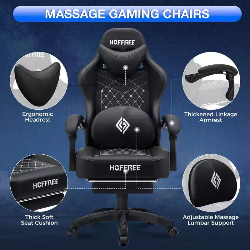 Hoffree Leather Massage Gaming Chair Ergonomic Office PC Chair with Bluetooth Speaker & Footrest