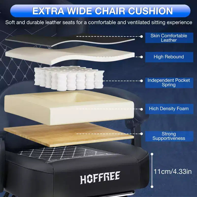 Hoffree Leather Massage Gaming Chair Ergonomic Office PC Chair with Bluetooth Speaker & Footrest