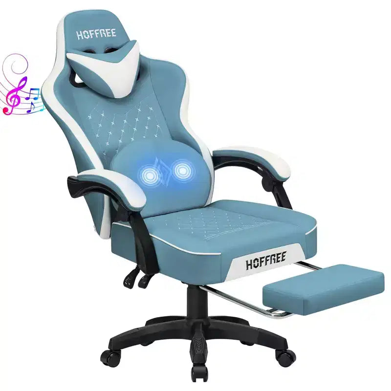 Sedia da gaming massaggiante in pelle Hoffree, ergonomica da ufficio per PC con altoparlante Bluetooth e poggiapiedi