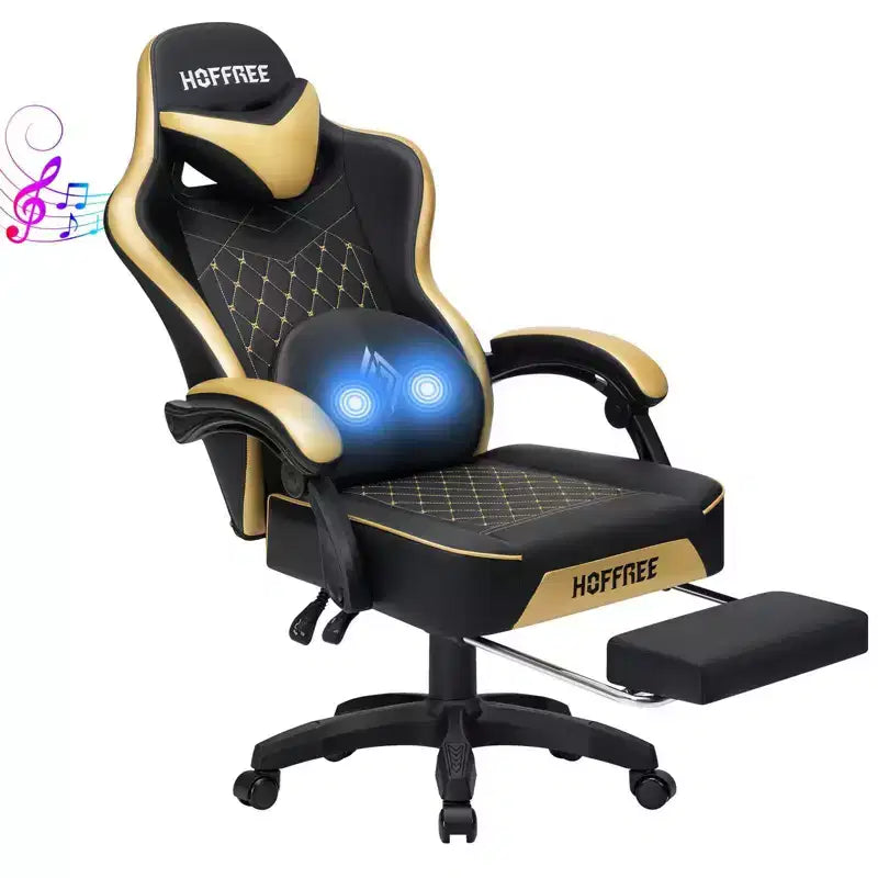 Sedia da gaming massaggiante in pelle Hoffree, ergonomica da ufficio per PC con altoparlante Bluetooth e poggiapiedi